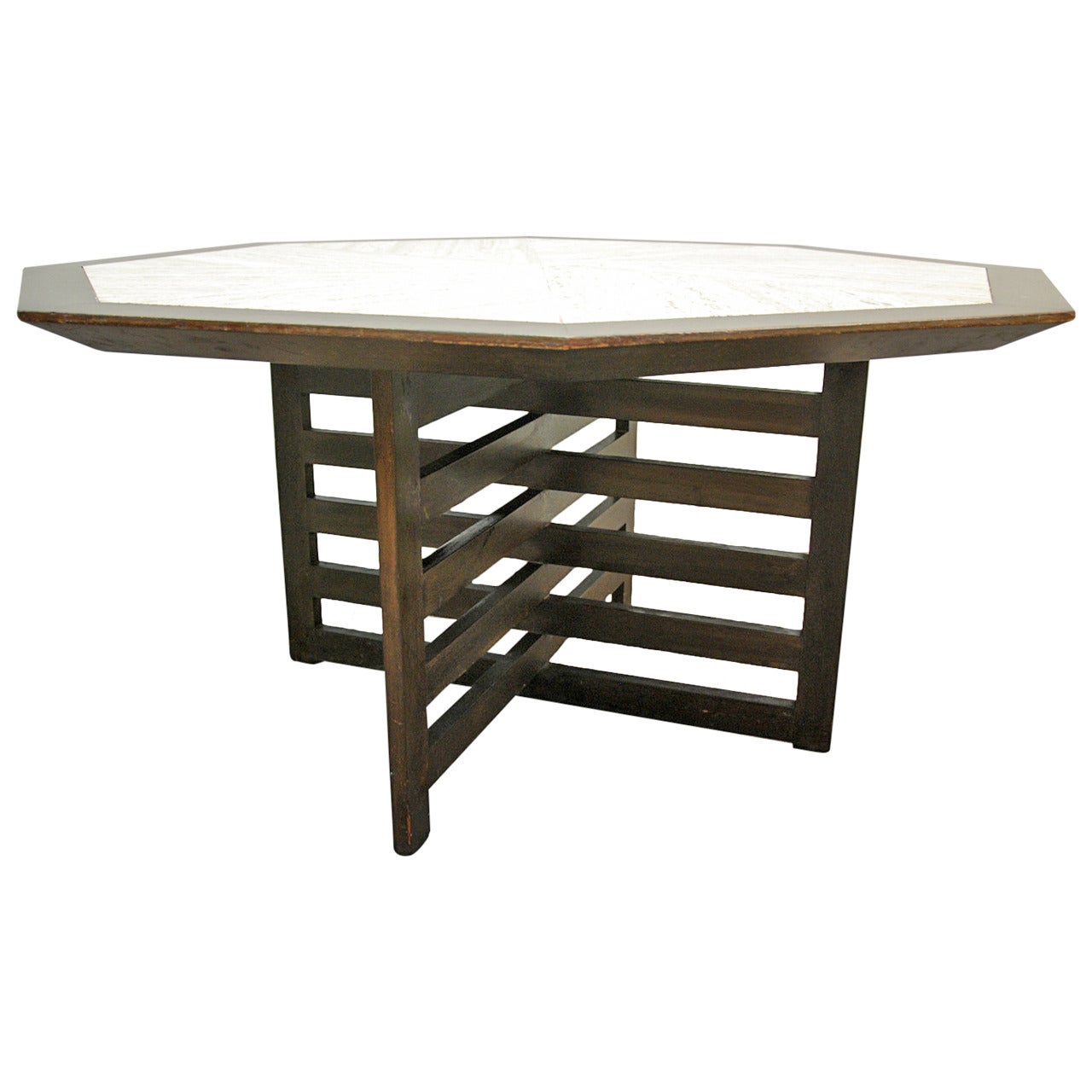 Harvey Probber Octagonal Travertine and Mahogany Dining Table, circa 1960 For Sale