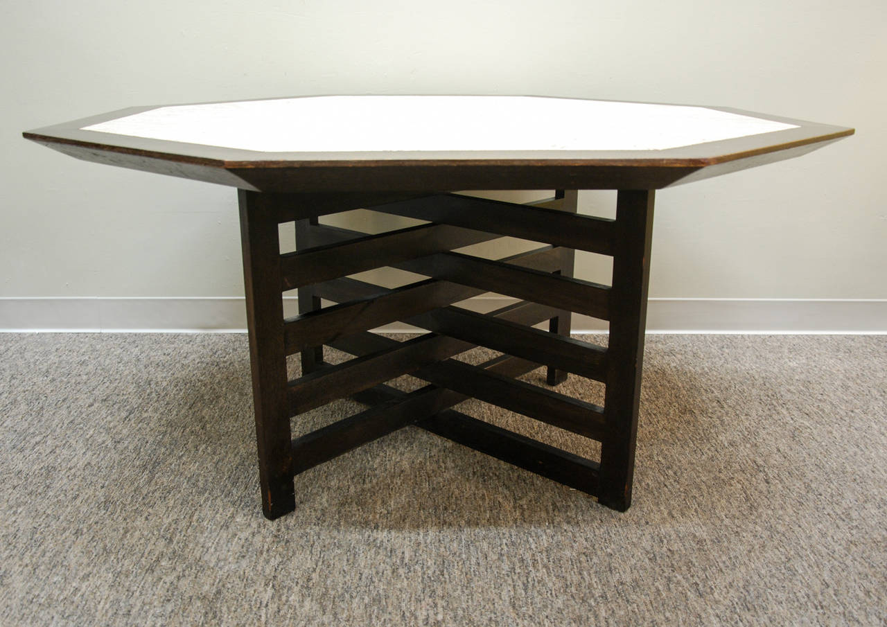 Mid-Century Modern Harvey Probber Octagonal Travertine and Mahogany Dining Table, circa 1960 For Sale