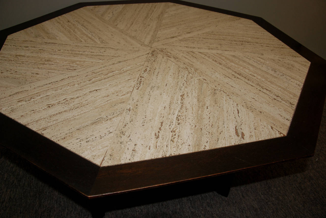 American Harvey Probber Octagonal Travertine and Mahogany Dining Table, circa 1960 For Sale