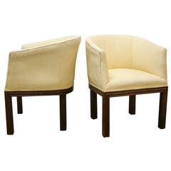 Pair of Walnut Upholstered Arm Chairs Circa 1950