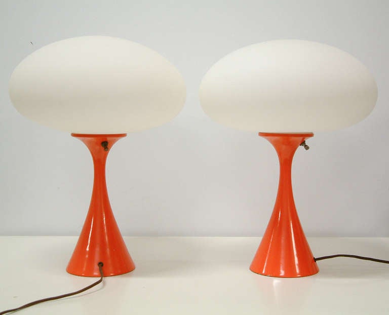 Glass Pair of Orange Laurel Mushroom Lamps, circa 1960 For Sale