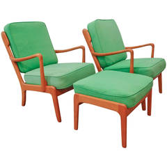 Pair of Peter Hvidt and Orla Mølgaard-Nielsen Lounge Chairs and Ottoman, 1960
