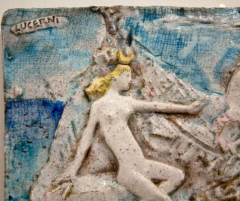 Professor Ugo Lucerni was one of the most prolific potters working in Italy at mid-century producing tiles and decorative wall panels depicting classical mythological themes and archaic hunting and battle scenes. The greek myth of 