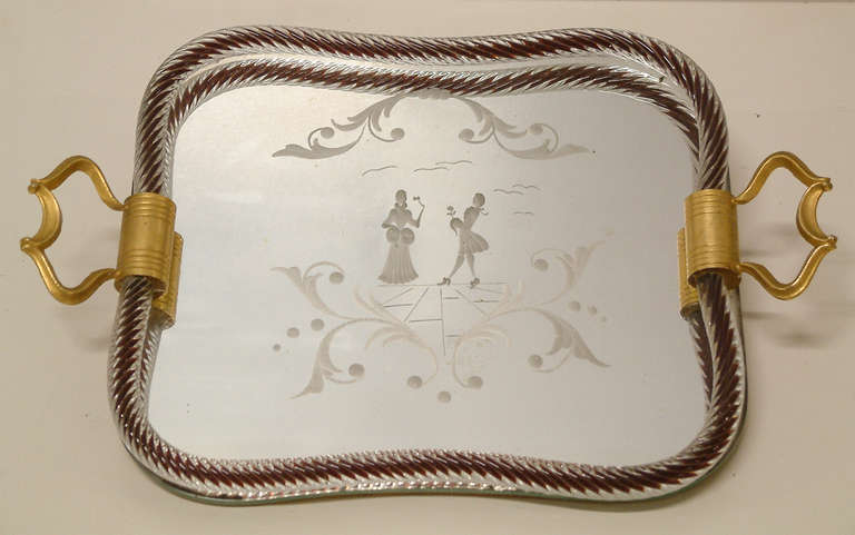 Venetian Glass and Bronze Mirrored Tray Attributed to Pauly & C., Italy 1950 In Excellent Condition In Richmond, VA