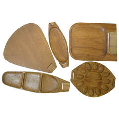 Arthur Umanoff for Raymor "Taverneau" Collection Wood and Rattan Serving Trays circa 1950