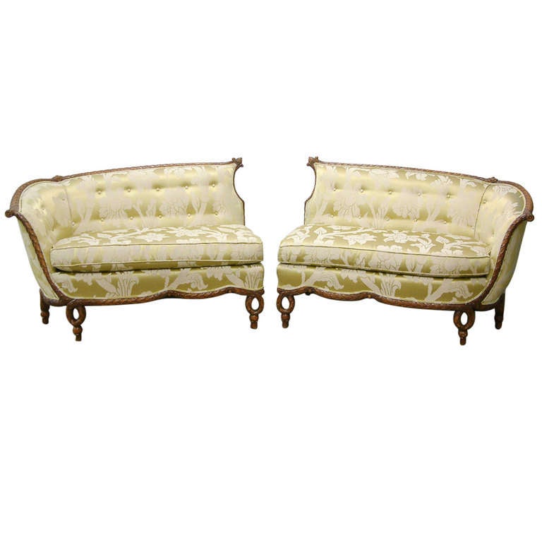 French Style Carved Wood Sofas Recovered in a Schumacher Fabric Circa 1930