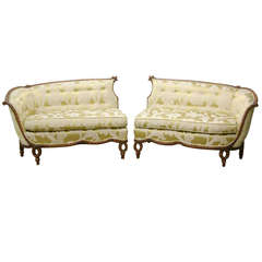 French Style Carved Wood Sofas Recovered in a Schumacher Fabric Circa 1930