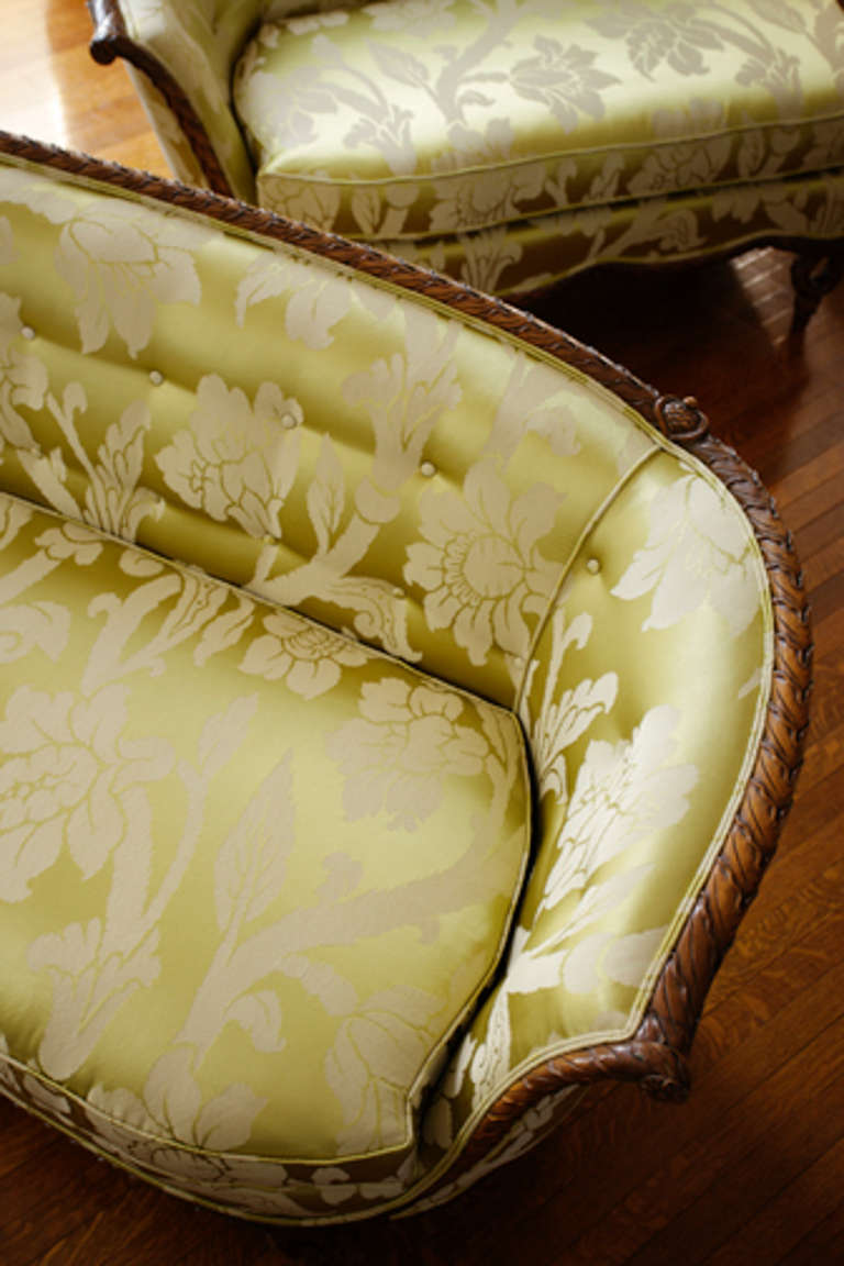 French Style Carved Wood Sofas Recovered in a Schumacher Fabric Circa 1930 3
