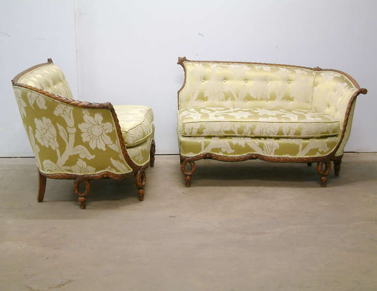 French Style Carved Wood Sofas Recovered in a Schumacher Fabric Circa 1930 4