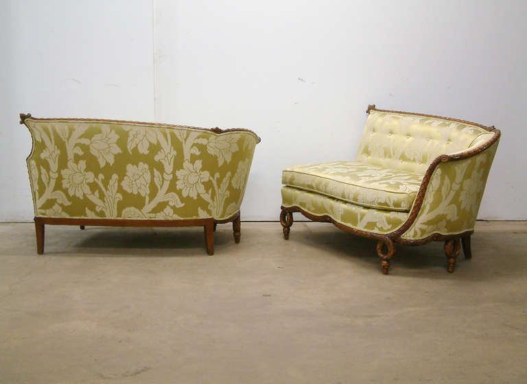 French Style Carved Wood Sofas Recovered in a Schumacher Fabric Circa 1930 2