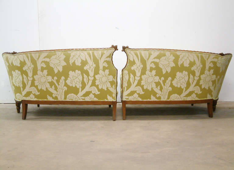 American French Style Carved Wood Sofas Recovered in a Schumacher Fabric Circa 1930