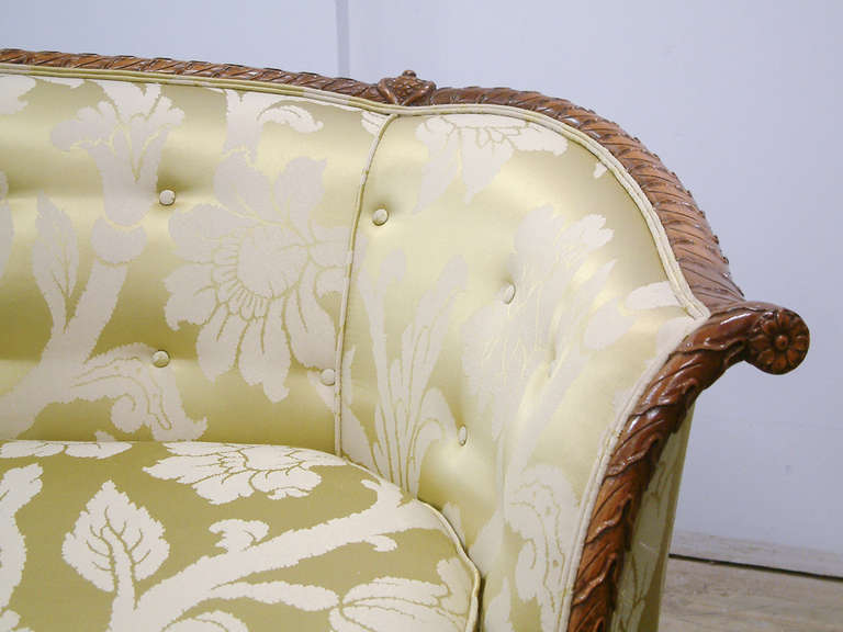 French Style Carved Wood Sofas Recovered in a Schumacher Fabric Circa 1930 In Excellent Condition In Richmond, VA