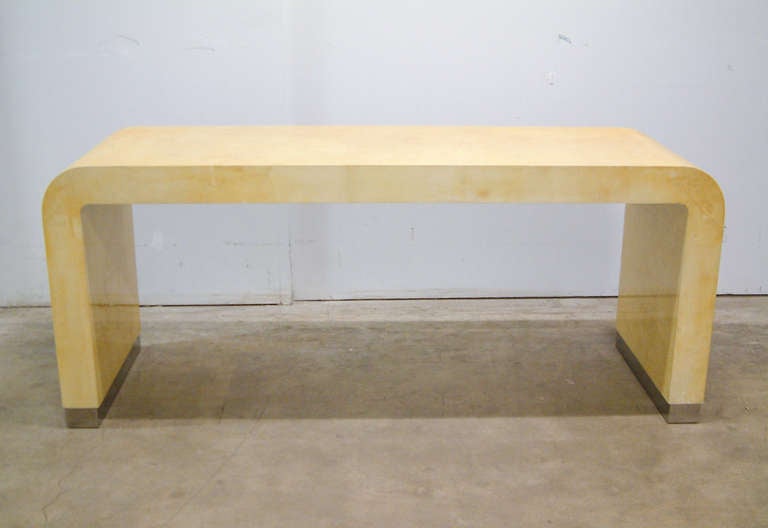 Modern Karl Springer Style Lacquered Parchment and Stainless Steel Console Tables/Desks For Sale