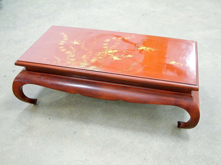Vietnamese Thanhle Cinnabar Lacquered Goldfish Coffee Table For Sale