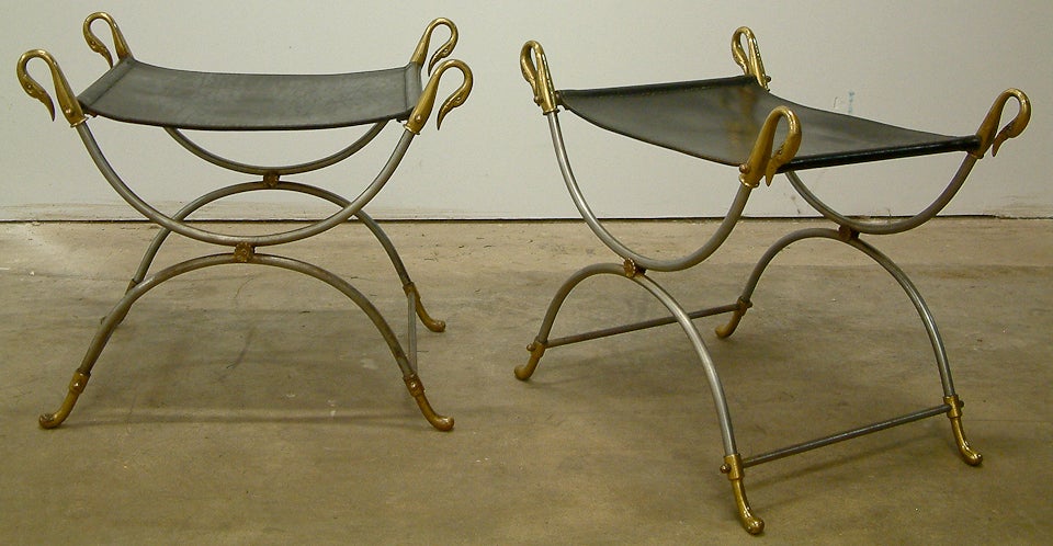 Two 1960's Swan Motif & Leather Benches