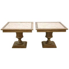 Pair of Custom Cerused Oak, Brass and Marble End Tables, circa 1940