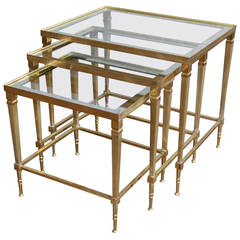 Italian Brass and Mirrored Glass Trio of Nesting Tables, circa 1950 Italy