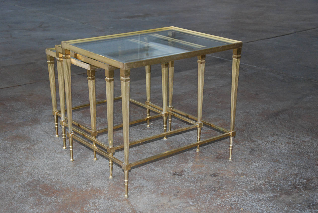 Italian Brass and Mirrored Glass Trio of Nesting Tables, circa 1950