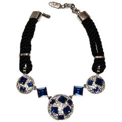 Yves Saint Laurent Rhinestone, Silk and Silver-Toned Metal Necklace c. 1990