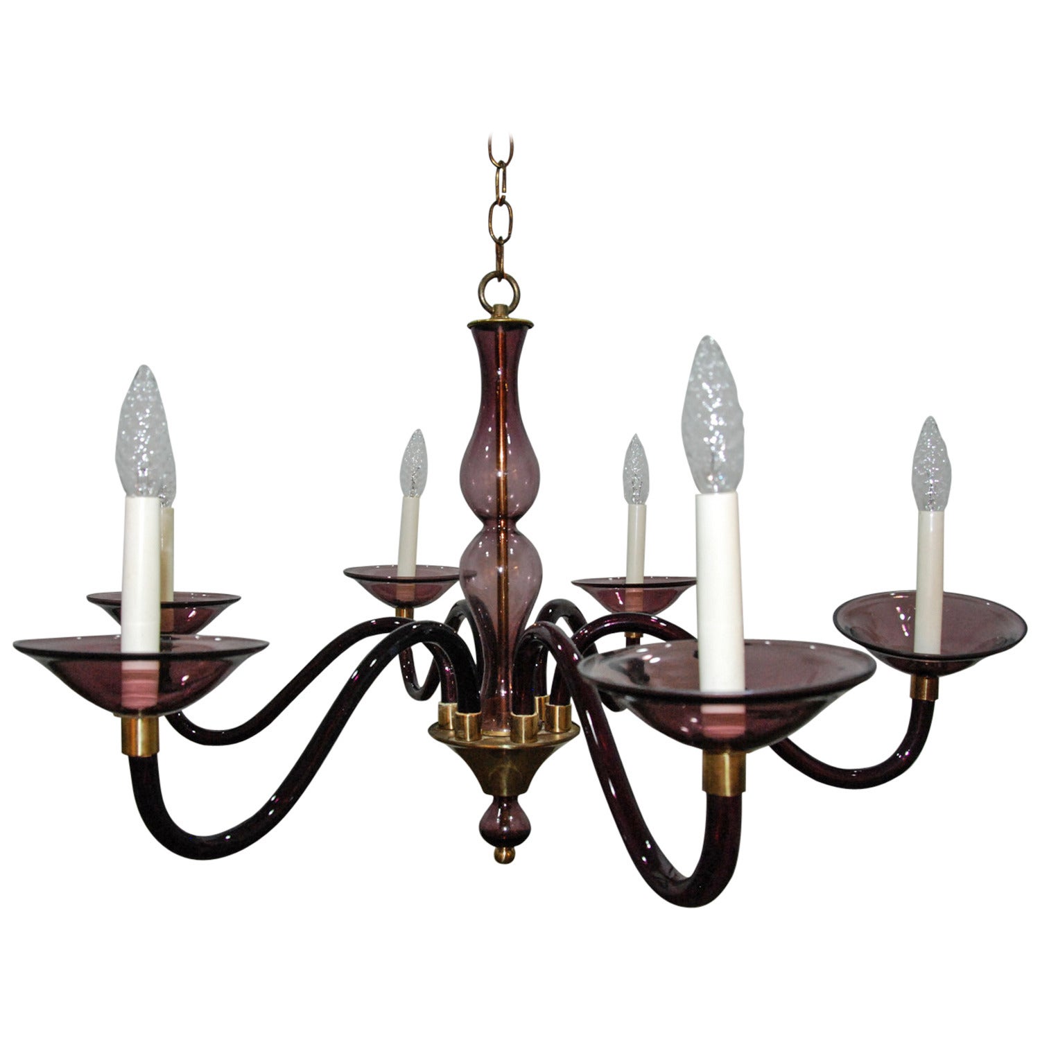 Purple Murano Glass and Brass Chandelier in the Style of Pauly and Cie, 1950s For Sale