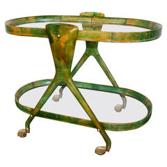 Aldo Tura Parchment, Brass and Glass Bar Cart, Italy circa 1950