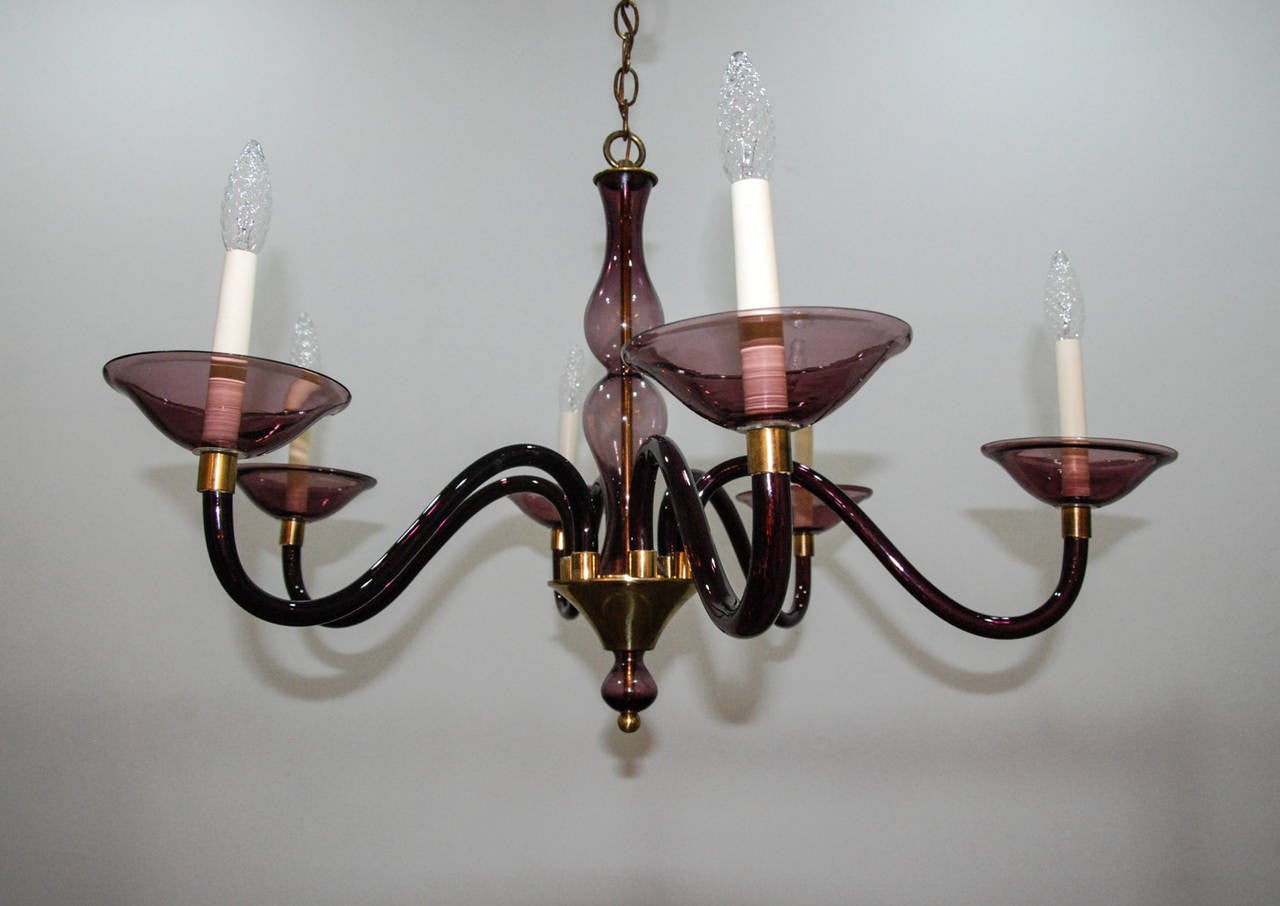 Italian Purple Murano Glass and Brass Chandelier in the Style of Pauly and Cie, 1950s For Sale