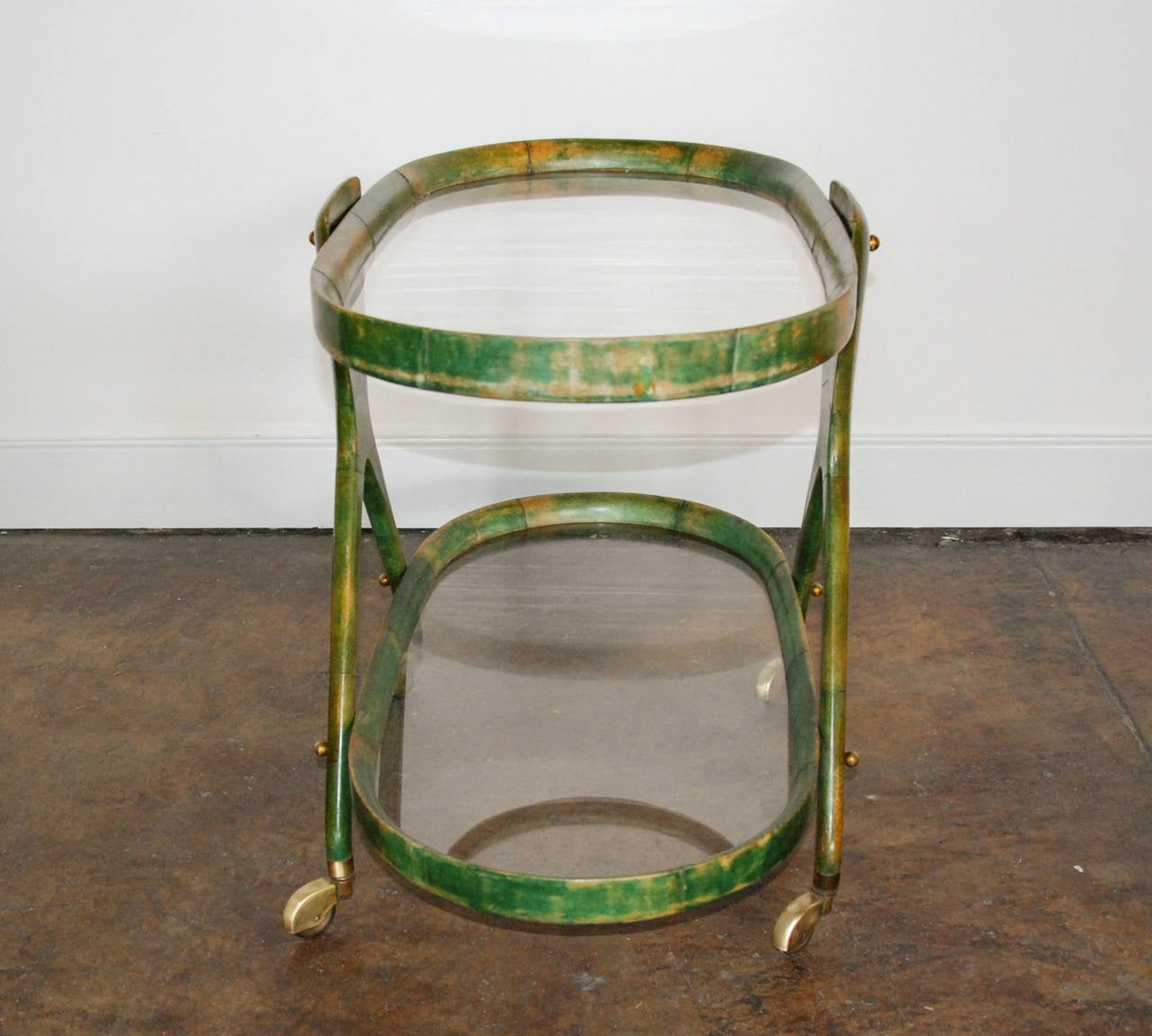 Mid-Century Modern Aldo Tura Parchment, Brass and Glass Bar Cart, Italy circa 1950
