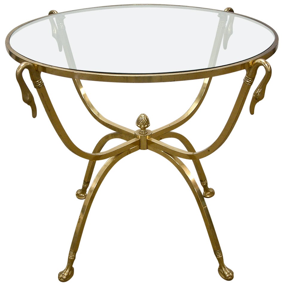 Italian Brass and Glass Swan Motif Table in the Style of Jansen For Sale
