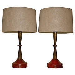 Pair Bronze and Primavera Finish Wood Base Lamps