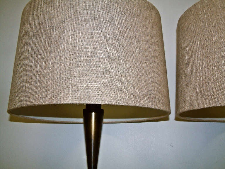 Brass Pair Bronze and Primavera Finish Wood Base Lamps For Sale