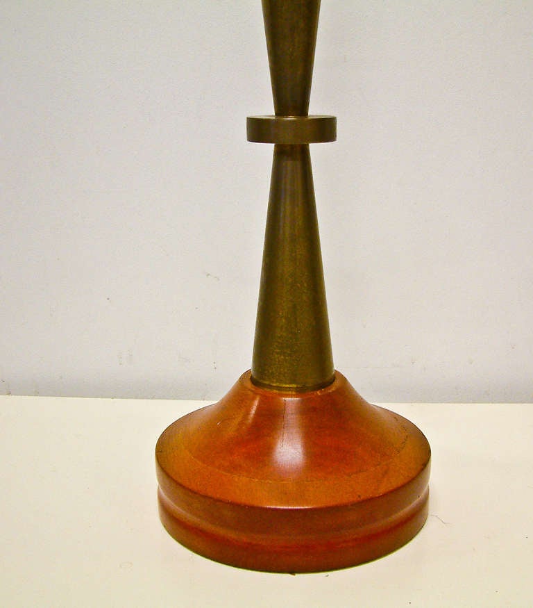 Pair Bronze and Primavera Finish Wood Base Lamps In Excellent Condition For Sale In Richmond, VA