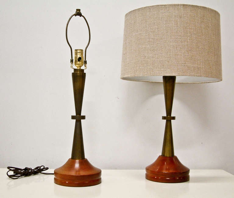 American Pair Bronze and Primavera Finish Wood Base Lamps For Sale