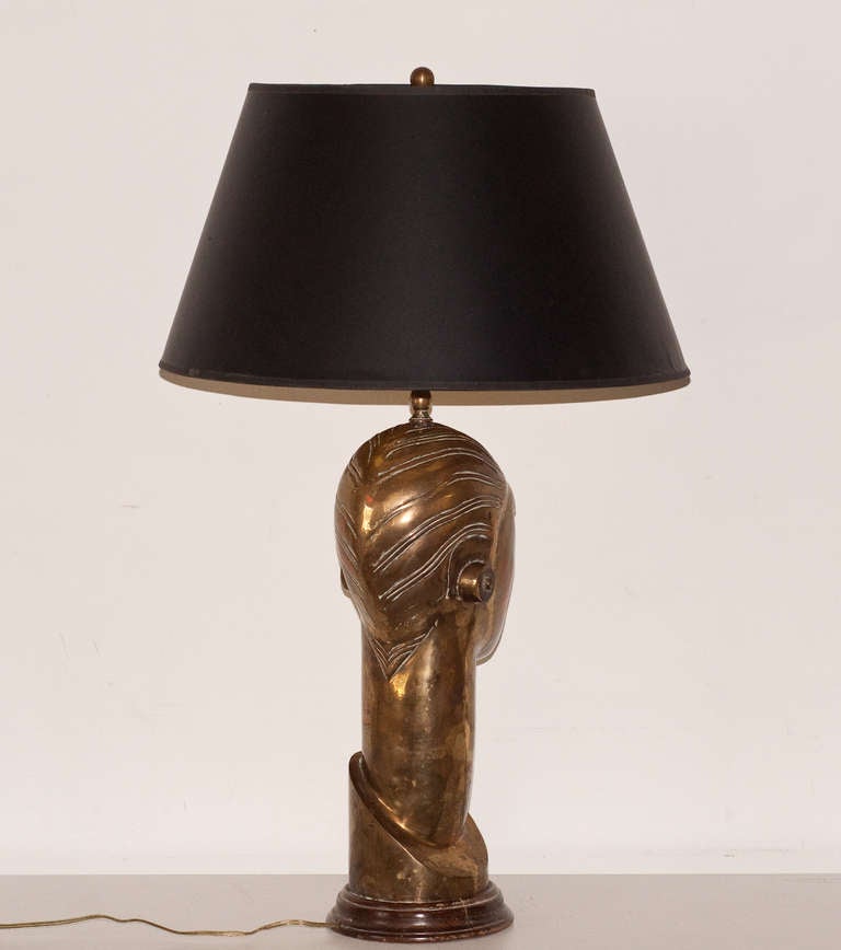 Art Deco Style Brass Head Lamp circa 1970 In Excellent Condition In Richmond, VA
