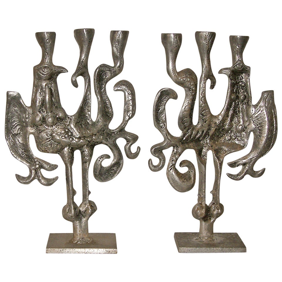 Don Drumm Aluminum Abstracted Bird Candleholders circa 1970 For Sale