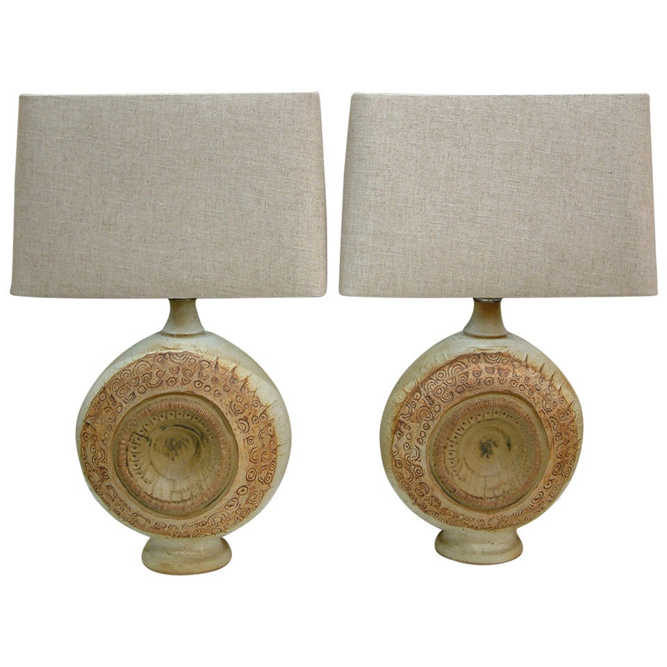 Rare Pair of Bernard Rooke Stoneware Lamps, circa 1970 For Sale