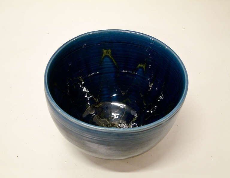 American Polia Pillin Blue Hi-Glaze Bowl circa 1950 For Sale