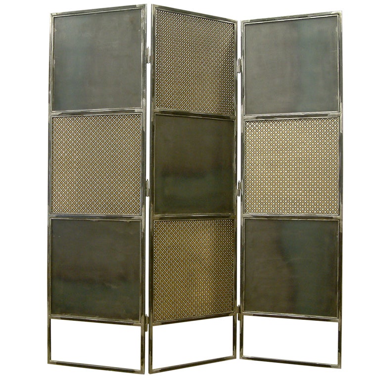 Three Panel Woven Metal Screen by Maurice Beane Studios For Sale