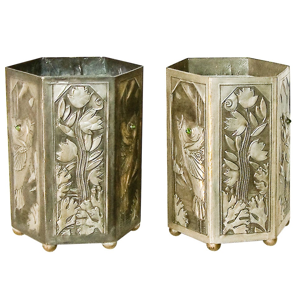 Pair of French Art Deco Hexagonal Pewter and Glass Cachepots For Sale