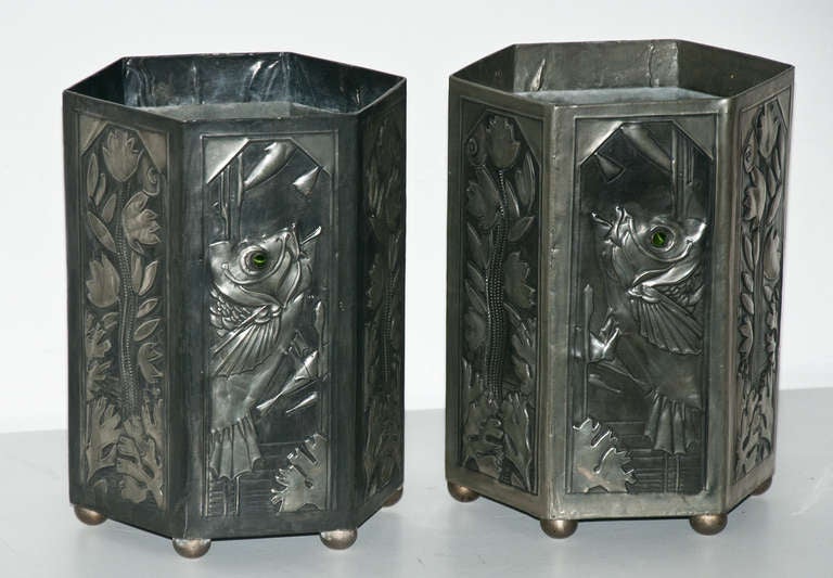 Pair of French Art Deco Hexagonal Pewter and Glass Cachepots In Excellent Condition For Sale In Richmond, VA