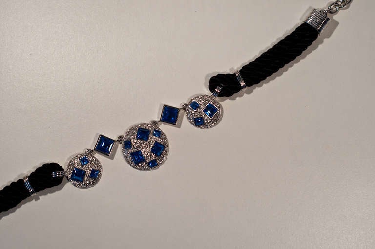 Yves Saint Laurent Rhinestone, Silk and Silver-Toned Metal Necklace c. 1990