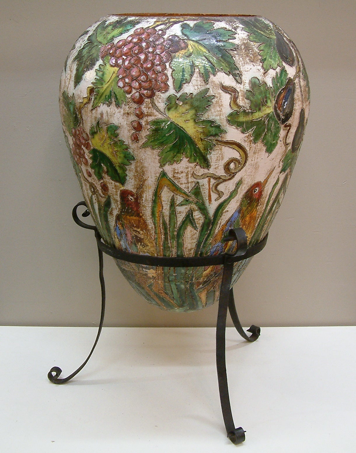 Monumental Italian Ceramic Floor Vase on Iron Stand Circa 1950 In Good Condition In Richmond, VA