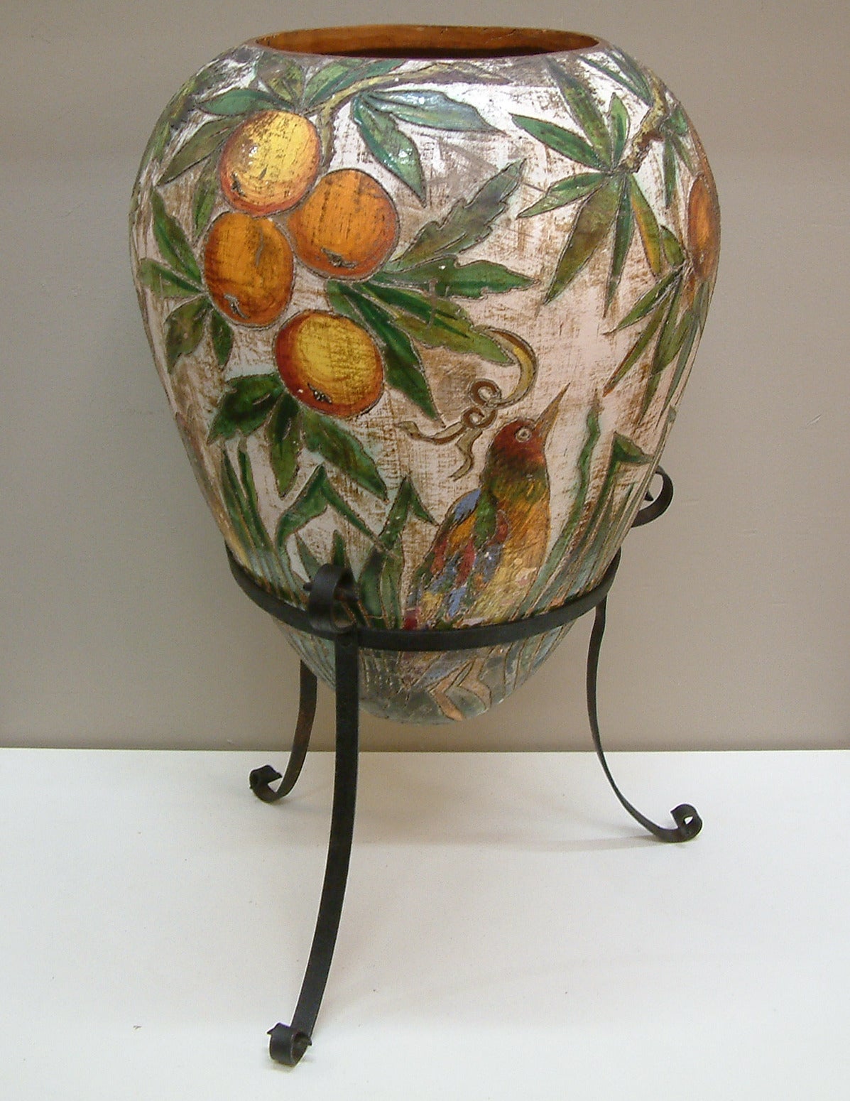 20th Century Monumental Italian Ceramic Floor Vase on Iron Stand Circa 1950