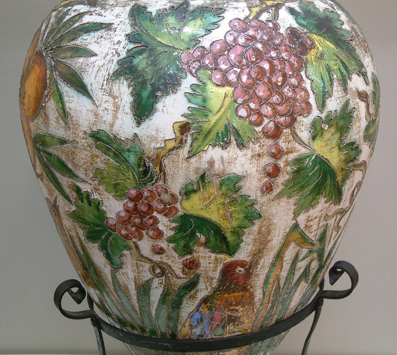 Monumental Italian Ceramic Floor Vase on Iron Stand Circa 1950 1