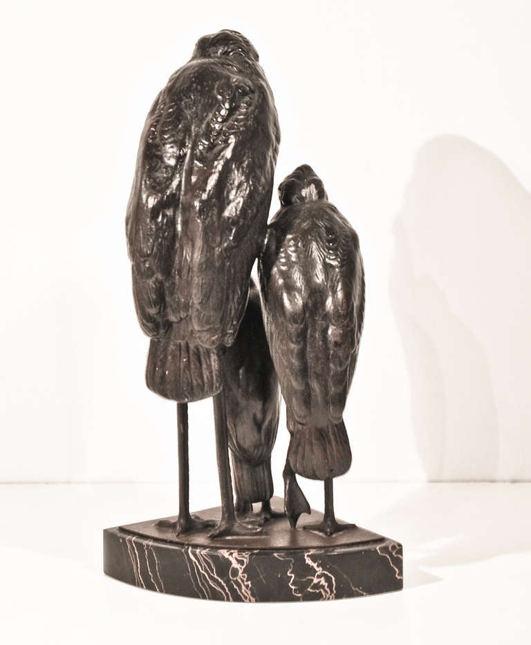 Trio of Cast Bronze and Bone Art Deco Marabou Storks on a Marble Base In Good Condition In Richmond, VA
