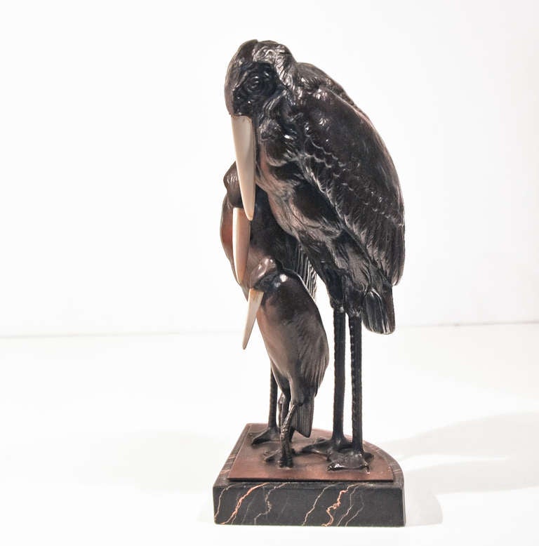20th Century Trio of Cast Bronze and Bone Art Deco Marabou Storks on a Marble Base