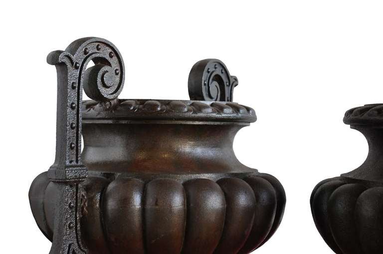A rare pair of cast iron vases dated late 19th century. Alfred CORNEAU Foundry in Charleville. Base : 9 in. Stamped : CORNEAU ALFRED A CHARLEVILLE N°2. # E6472