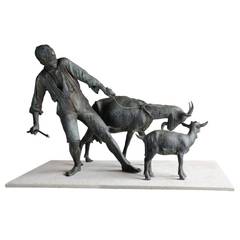Great Bronze Group Depicting a Boy and His Two Goats, F. Peter, circa 1915