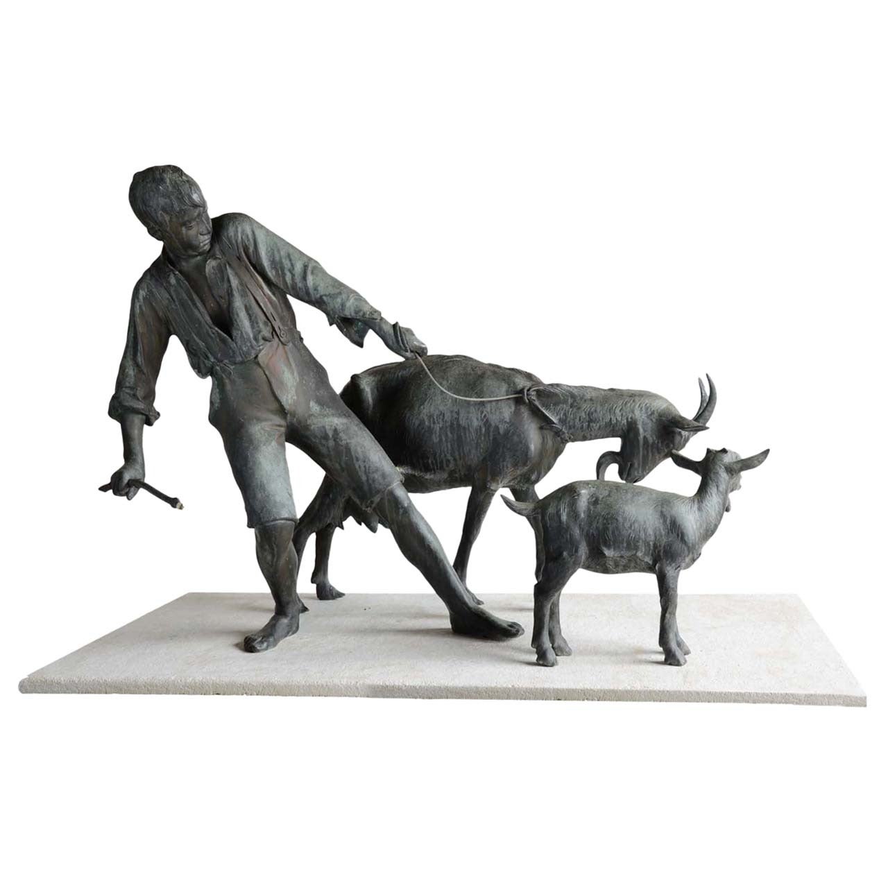 Great Bronze Group Depicting a Boy and His Two Goats, F. Peter, circa 1915 For Sale