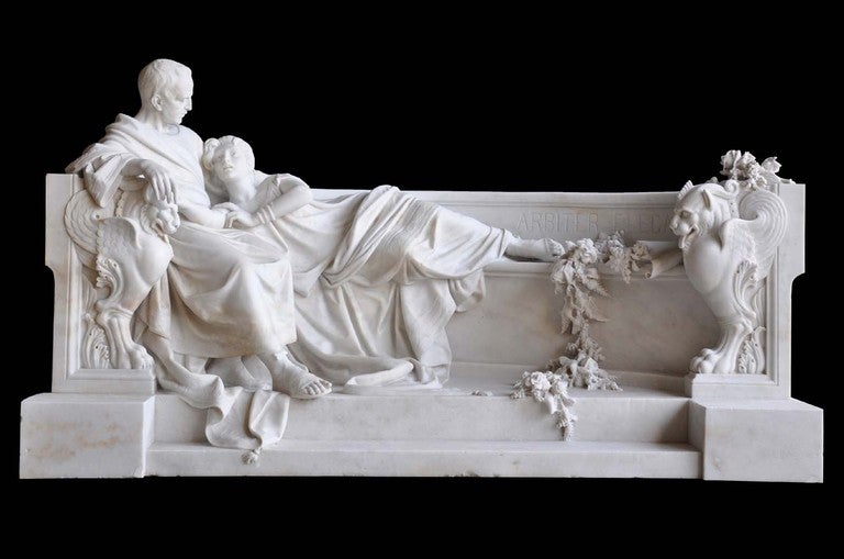 An exceptional white statuary Carrara marble sculpture titled ARBITER ELEGANTIARUM  (Judge of tastes and elegance). Signed A. BOZZANO. Antonio Bozzano (1858-1939). Ca 1890.