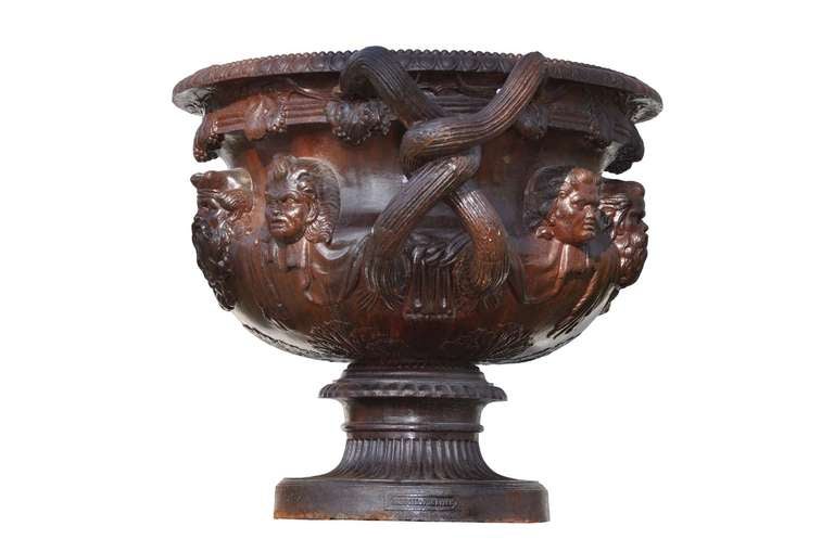 Dated late 19th century, cast iron copy of the Warwick Vase. J. J. Ducel Foundry, Paris. Stamped.